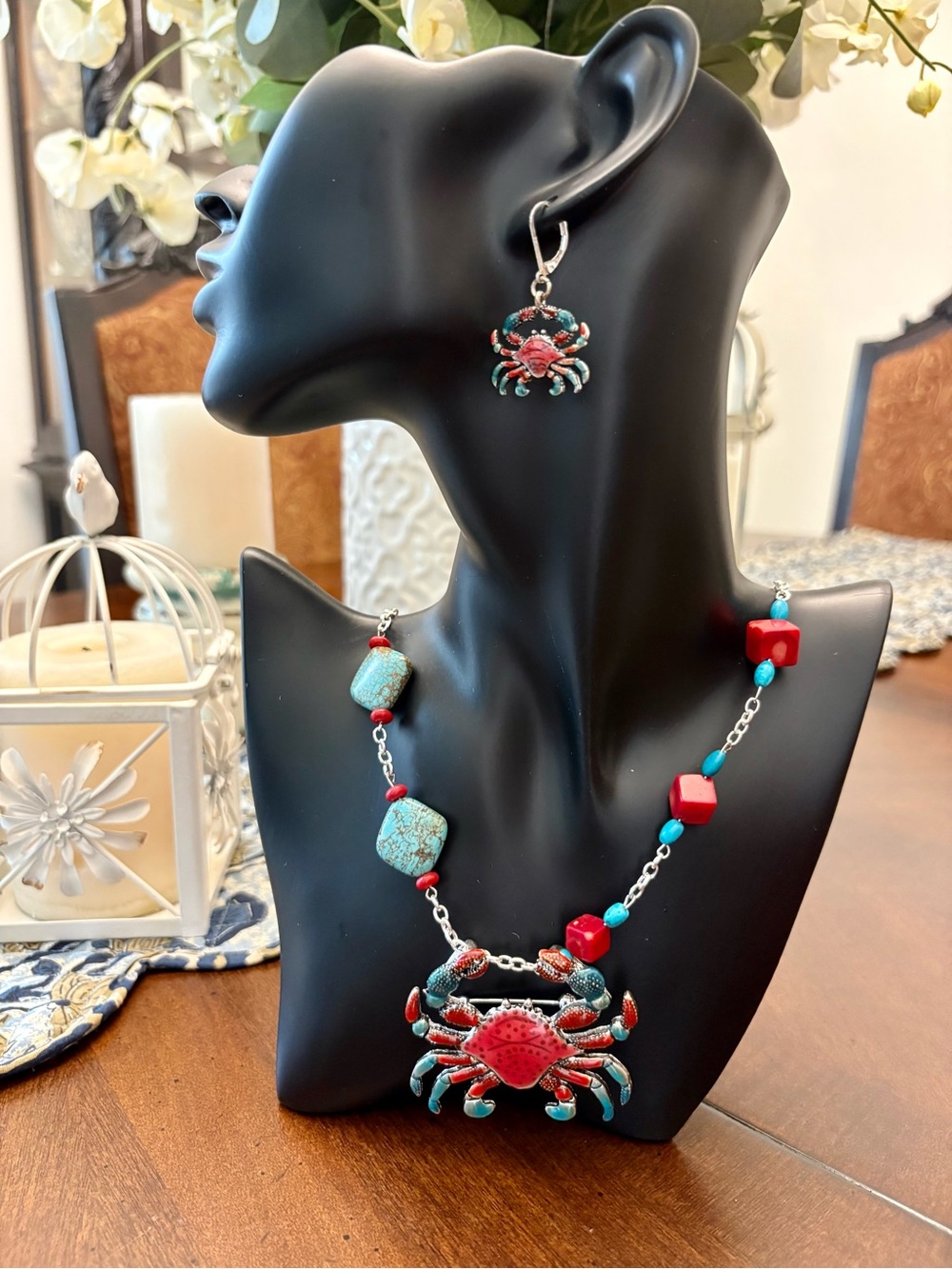 Turquoise & Red Crab Pendant Necklace and Earrings Set